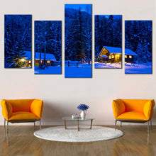 Load image into Gallery viewer, winter s canvas blue nighttime trees in 5 panels with yellow cabin lights and snowy forest canvas wall art In Living Room
