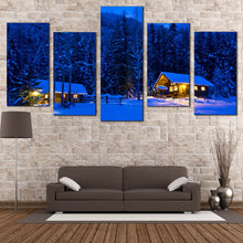 Load image into Gallery viewer, winter s canvas blue nighttime trees in 5 panels with yellow cabin lights and snowy forest canvas wall art for Your Living Room
