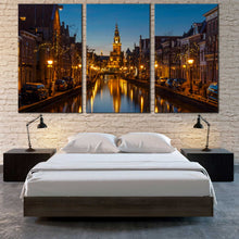 Load image into Gallery viewer, yellow alkmaar city lights canvas print holland skyline 3 piece canvas wall art for Bedroom
