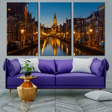 Load image into Gallery viewer, yellow alkmaar city lights canvas print holland skyline 3 piece canvas wall art In Living Room
