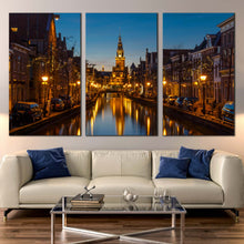 Load image into Gallery viewer, yellow alkmaar city lights canvas print holland skyline 3 piece canvas wall art for Living Room
