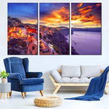 Load image into Gallery viewer, yellow la greece 3 piece canvas of greece houses at sunset with purple santorini island sea views wall art for Your Living Room
