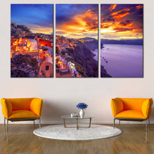 Load image into Gallery viewer, yellow la greece 3 piece canvas of greece houses at sunset with purple santorini island sea views wall art In Living room
