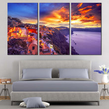 Load image into Gallery viewer, yellow la greece 3 piece canvas print of greece houses at sunset with purple santorini island sea views wall art for Living Room
