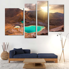 Load image into Gallery viewer, Tongariro Crossing Canvas Wall Art Yellow Emerald Lake Sunrise 4 Piece Canvas Print Tongariro National Park Multi Canvas Brown New Zealand Mountain Canvas Set For Living Room
