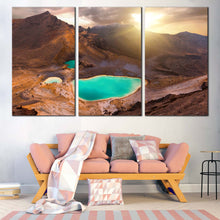 Load image into Gallery viewer, Tongariro National Park Canvas Wall Art, Brown New Zealand Mountain Multi Canvas, Yellow Emerald Lake Sunrise Triptych Canvas Print, Tongariro Alpine Crossing 3 Piece Canvas For Living room
