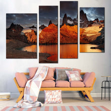 Load image into Gallery viewer, Argentina Mountain Wall Art Orange Fitz Roy 4 Piece Canvas Print Grey Sky Patagonia Laguna de Los Trees Canvas Set
