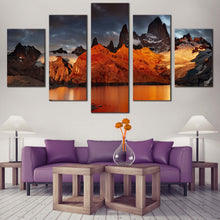 Load image into Gallery viewer, Cloudy Sky Canvas Print, Argentina Grey Sky Mountain River 5 Piece Wall Art, Orange Mont Fitz Roy Multiple Canvas In Living Room
