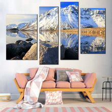 Load image into Gallery viewer, Norway Archipelago Canvas Print Blue Sky Lofoten Island Wall Art White Snowy Mountain River 4 Piece Multi Canvas For Living Room
