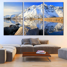 Load image into Gallery viewer, Arctic Majesty Wall Art, Blue Norway Sky Landscape 3 Piece Canvas Set, White Lofoten Islands Mountain River Canvas Print For Living Room
