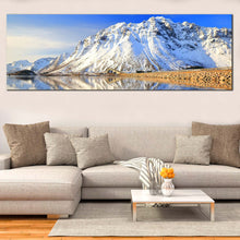 Load image into Gallery viewer, Lofoten Islands Canvas Print, White Snowy Norway Scenery Panoramic Wall Art, Blue Sky Mountain River Canvas Art For Living Room
