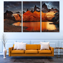 Load image into Gallery viewer, Mountain River Canvas Print, Grey Cloudy Sky Laguna de Los Trees 3 Piece Wall Art, Orange Mount Fitz Roy Multi Canvas For Living Room
