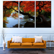 Load image into Gallery viewer, 2Japanese Maple Canvas Wall Art Red Maple Garden  3 Piece Canvas Green Trees River Reflection Multi Canvas Beautiful Kubota Garden Canvas Print For Living Room
