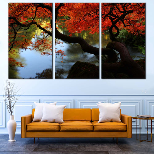 2Japanese Maple Canvas Wall Art Red Maple Garden  3 Piece Canvas Green Trees River Reflection Multi Canvas Beautiful Kubota Garden Canvas Print For Living Room