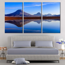 Load image into Gallery viewer, Atacama Lake Canvas Print, Blue Lejia Lake Triptych Canvas Wall Art, Brown Chile Atacama Desert 3 Piece Canvas Set In Bedroom
