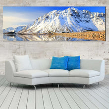 Load image into Gallery viewer, Lofoten Islands Canvas Print, White Snowy Norway Scenery Panoramic Wall Art, Blue Sky Mountain River Canvas Art In Living Room
