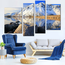 Load image into Gallery viewer, Norway Archipelago Canvas Print Blue Sky Lofoten Island Wall Art White Snowy Mountain River 4 Piece Multi Canvas In Living Room
