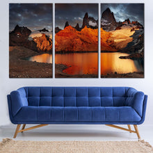 Load image into Gallery viewer, Mountain River Canvas Print, Grey Cloudy Sky Laguna de Los Trees 3 Piece Wall Art, Orange Mount Fitz Roy Multi Canvas In Living Room
