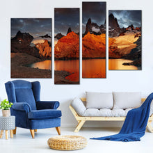 Load image into Gallery viewer, Argentina Mountain Wall Art Orange Fitz Roy 4 Piece Canvas Print Grey Sky Patagonia Laguna de Los Trees Canvas Set For Living Room
