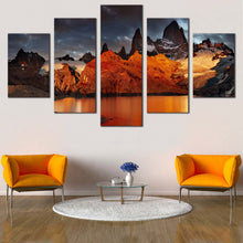 Load image into Gallery viewer, Cloudy Sky Canvas Print, Argentina Grey Sky Mountain River 5 Piece Wall Art, Orange Mont Fitz Roy Multiple Canvas For Living room
