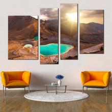 Load image into Gallery viewer, Tongariro Crossing Canvas Wall Art Yellow Emerald Lake Sunrise 4 Piece Canvas Print Tongariro National Park Multi Canvas Brown New Zealand Mountain Canvas Set In Living Room
