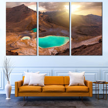 Load image into Gallery viewer, Tongariro National Park Canvas Wall Art, Brown New Zealand Mountain Multi Canvas, Yellow Emerald Lake Sunrise Triptych Canvas Print, Tongariro Alpine Crossing 3 Piece Canvas In Living Room
