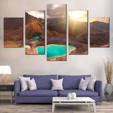 Load image into Gallery viewer, New Zealand Canvas Wall Art, Emerald Lakes 5 Piece Canvas, Tongariro National Park Canvas Print, Tongariro Alpine Crossing Canvas Set, Yellow Mountain Sunrise Multi Canvas In Living Room
