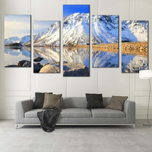 Load image into Gallery viewer, Lofoten Archipelago Wall Art, White Snowy Mountain River Multiple Canvas, Blue Sky Norway Landscape 5 Piece Canvas Print In Living Room
