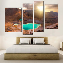 Load image into Gallery viewer, Tongariro Crossing Canvas Wall Art Yellow Emerald Lake Sunrise 4 Piece Canvas Print Tongariro National Park Multi Canvas Brown New Zealand Mountain Canvas Set In Bedoom
