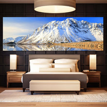 Load image into Gallery viewer, Lofoten Islands Canvas Print, White Snowy Norway Scenery Panoramic Wall Art, Blue Sky Mountain River Canvas Art In Bedroom
