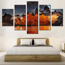 Load image into Gallery viewer, Cloudy Sky Canvas Print, Argentina Grey Sky Mountain River 5 Piece Wall Art, Orange Mont Fitz Roy Multiple Canvas For Your Bedroom
