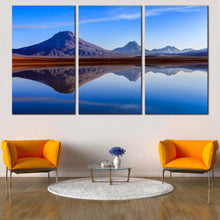 Load image into Gallery viewer, Atacama Lake Canvas Print, Blue Lejia Lake Triptych Canvas Wall Art, Brown Chile Atacama Desert 3 Piece Canvas Set In Living Room
