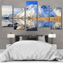 Load image into Gallery viewer, Lofoten Archipelago Wall Art White Snowy Mountain River Multiple Canvas Blue Sky Norway Landscape 5 Piece Canvas Print For Bedroom
