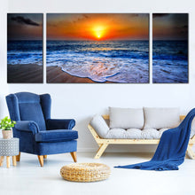 Load image into Gallery viewer, 3  Panel  Set  Canvas  Wall  Art  Blue  Sea  Waves  Beach  Sunset  Seascape In Living Room
