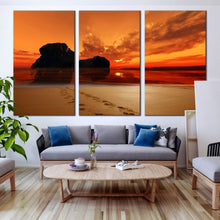 Load image into Gallery viewer, 3 Panel canvas print footprints on sand beach rock For Living Room
