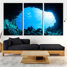 Load image into Gallery viewer, 3 Panel sun light streaming through deep blue beach cave canvas print For Living Room
