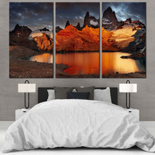 Load image into Gallery viewer, Mountain River Canvas Print, Grey Cloudy Sky Laguna de Los Trees 3 Piece Wall Art, Orange Mount Fitz Roy Multi Canvas For Bedroom
