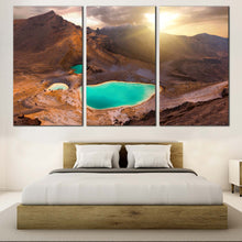 Load image into Gallery viewer, Tongariro National Park Canvas Wall Art, Brown New Zealand Mountain Multi Canvas, Yellow Emerald Lake Sunrise Triptych Canvas Print, Tongariro Alpine Crossing 3 Piece Canvas In Bedroom
