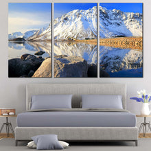 Load image into Gallery viewer, Arctic Majesty Wall Art, Blue Norway Sky Landscape 3 Piece Canvas Set, White Lofoten Islands Mountain River Canvas Print For Bedroom
