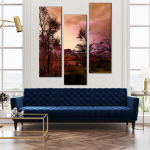 Load image into Gallery viewer, 3  panel  Evening  Autumn  Lake  Wood  Trees  Purple  artwork In Living Room
