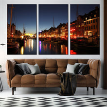 Load image into Gallery viewer, 3 panel canvas print copenhagen harbor kayak For Living Room
