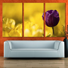 Load image into Gallery viewer, 3 panel close up Purple Tulip with water droplets artwork In Living Room
