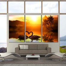 Load image into Gallery viewer, 3 panel wall decor black Swans in Love red yellow background For Living Room
