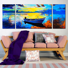 Load image into Gallery viewer, 3  piece  Canvas  Prints  Blue  Alone  Boat  in  the  Ocean  Yellow  Brown In Living Room
