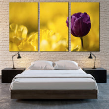 Load image into Gallery viewer, 3 piece Purple Tulip close up with Yellow Background artwork For Bedroom
