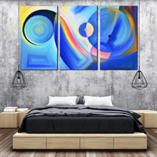 Load image into Gallery viewer, 3 piece blue abstract circle shapes artwork In Bedroom
