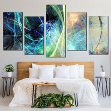 Load image into Gallery viewer, 3d abstract canvas wall art blue abstract glowing design 5 piece multi canvas artwork yellow abstract fractal electricity canvas print For Bedroom
