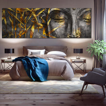 Load image into Gallery viewer, 3d buddha canvas wall art gold leaves buddha canvas print grey buddha face close up 1 piece canvas artwork in bedroom
