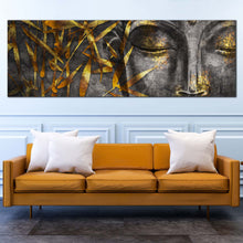 Load image into Gallery viewer, 3d buddha canvas wall art gold leaves buddha canvas print grey buddha face close up 1 piece canvas artwork in living room
