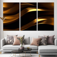 Load image into Gallery viewer, 3d illustration canvas wall art golden abstract wave 3 piece canvas print black luxury abstract multi canvas artwork In Living Room
